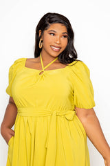 buxom couture curvy women plus size puffed sleeve tie neck maxi dress mustard