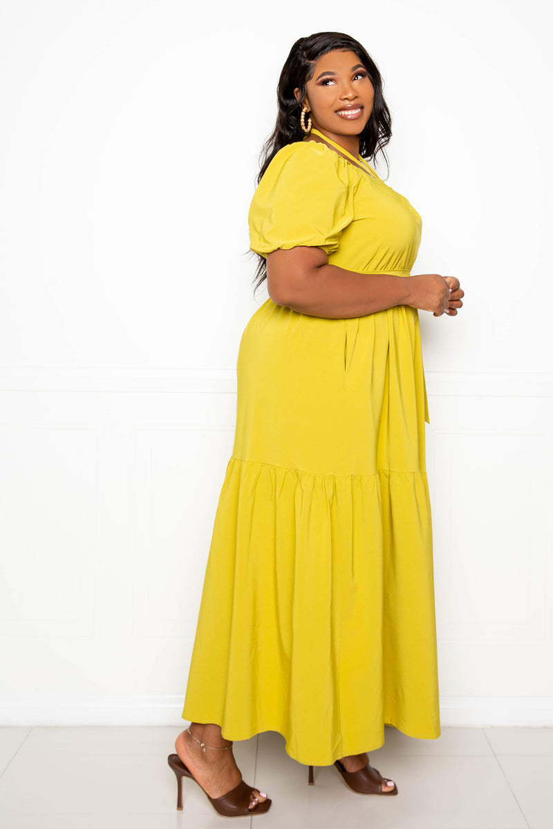 buxom couture curvy women plus size puffed sleeve tie neck maxi dress mustard