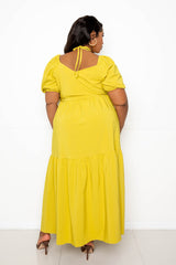 buxom couture curvy women plus size puffed sleeve tie neck maxi dress mustard