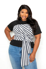 buxom couture curvy women plus size stripe corset tie front layered top black stripe