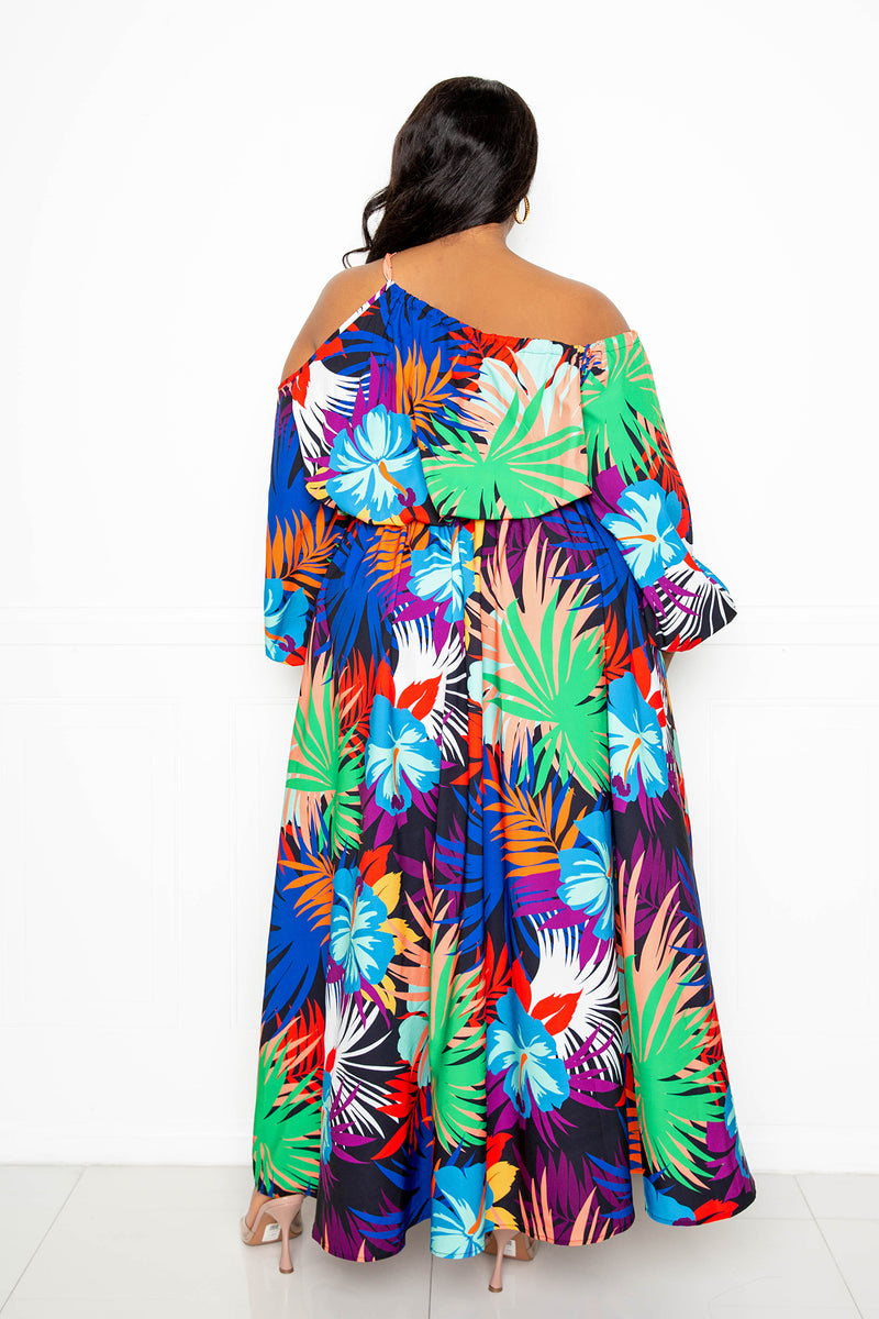 buxom couture curvy women plus size tropical cut out one shoulder maxi dress