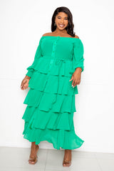 buxom couture curvy women plus size off shoulder tiered shirt dress green