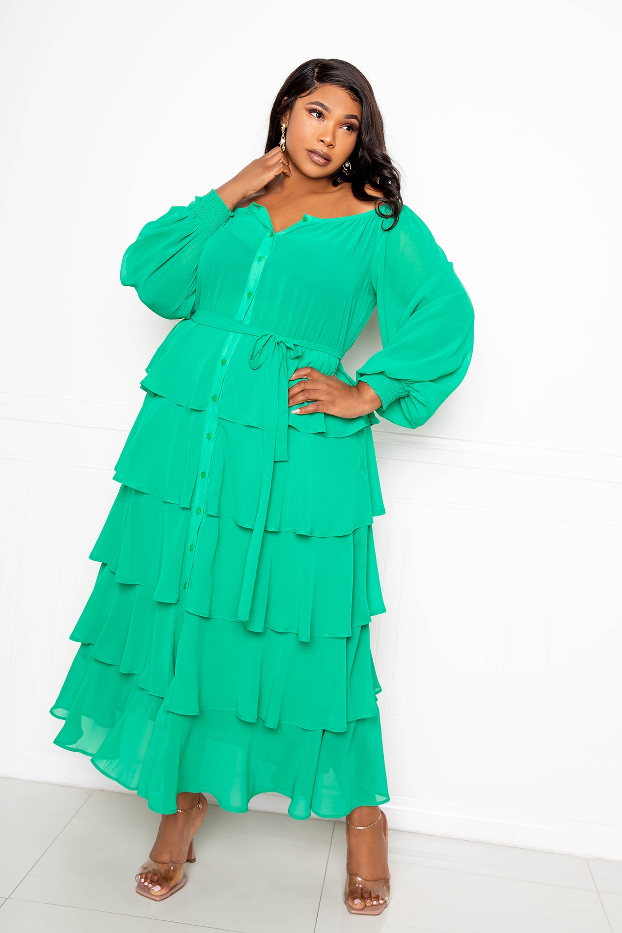 shirt dress off shoulder BUXOM COUTURE Tiered the Long Sleeve Maxi in Green at Nordstrom, Size 1 X Not lined Material composition Quinceanera Dress Mulan Ball buttondownpromo Size:JP-12