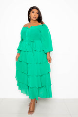 buxom couture curvy women plus size off shoulder tiered shirt dress green