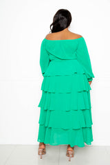 buxom couture curvy women plus size off shoulder tiered shirt dress green