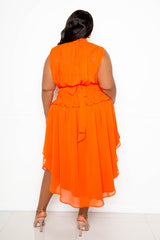 buxom couture curvy women plus size sleeveless mock neck dress with ruched waist detail orange