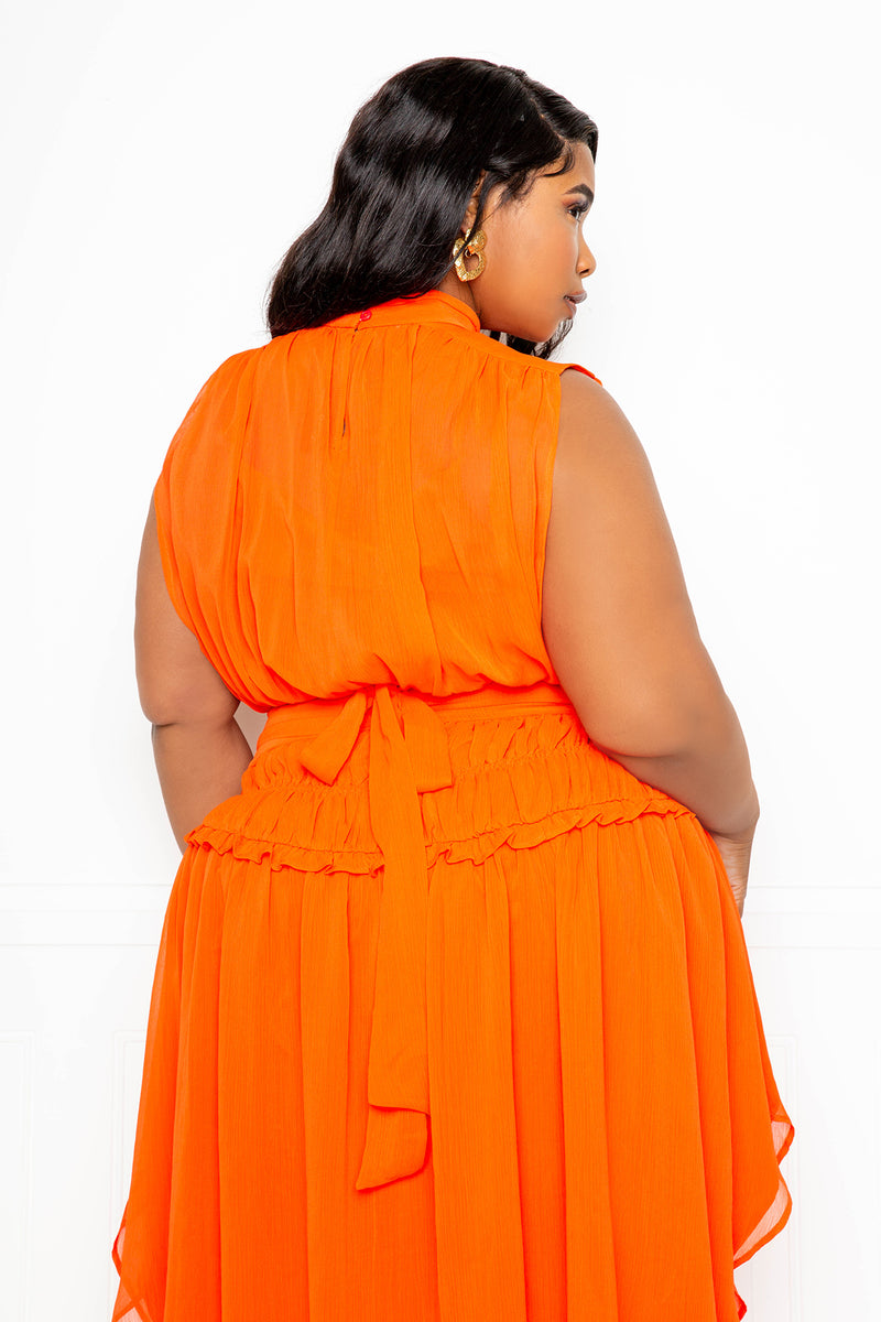 buxom couture curvy women plus size sleeveless mock neck dress with ruched waist detail orange