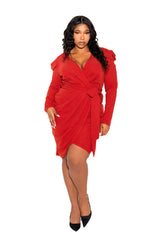 buxom couture curvy women plus size power shoulder wrapped mini dress rust orange