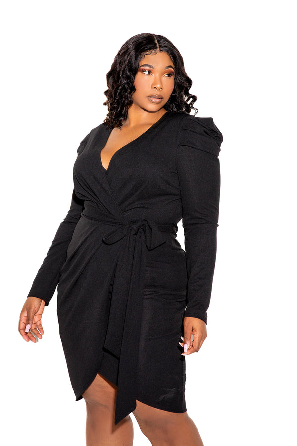 buxom couture curvy women plus size power shoulder wrapped mini dress black