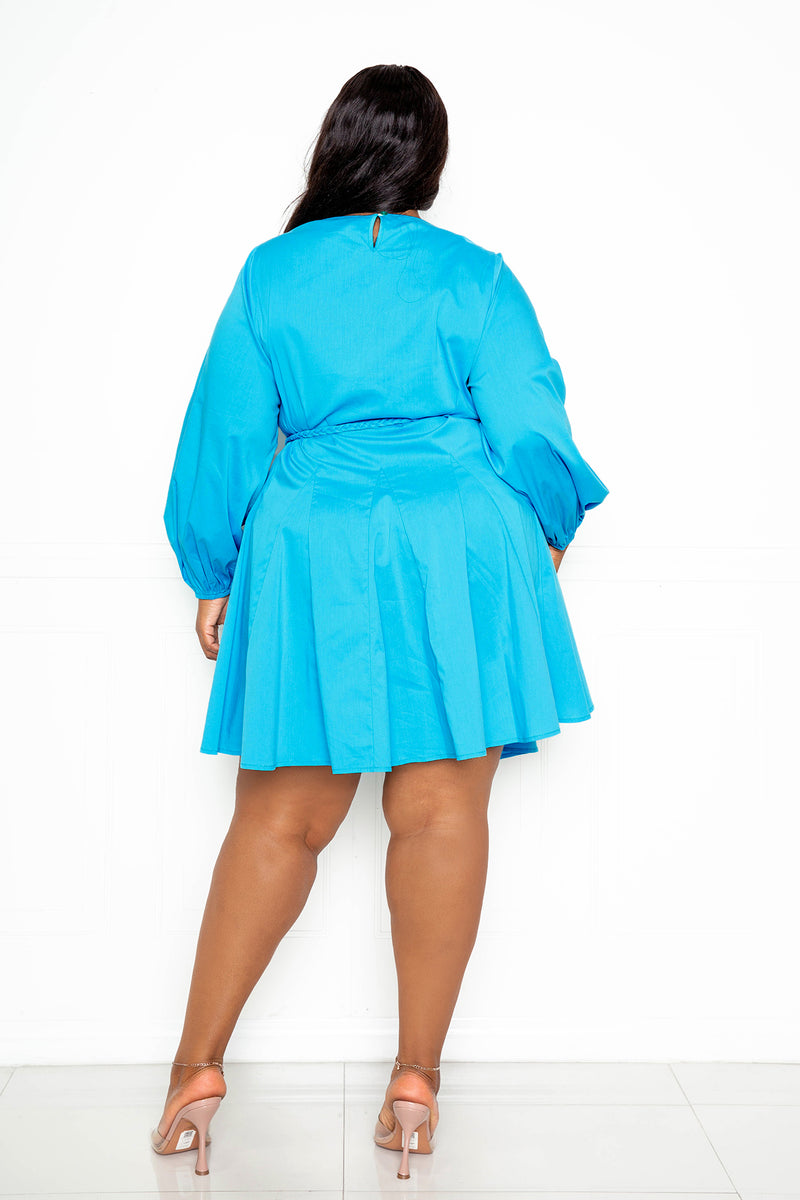 buxom couture curvy women plus size tie waist pleated mini dress bright neon blue