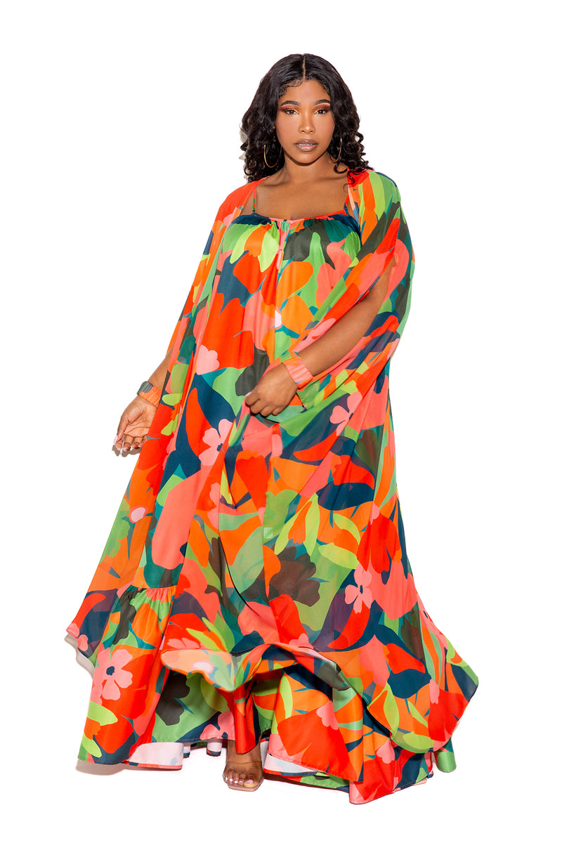 buxom couture curvy women plus size floral robe with wrist band tropical floral resort summer coverup