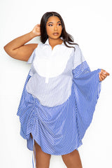 buxom couture curvy women plus size stripe cinching waist shirt dress blue