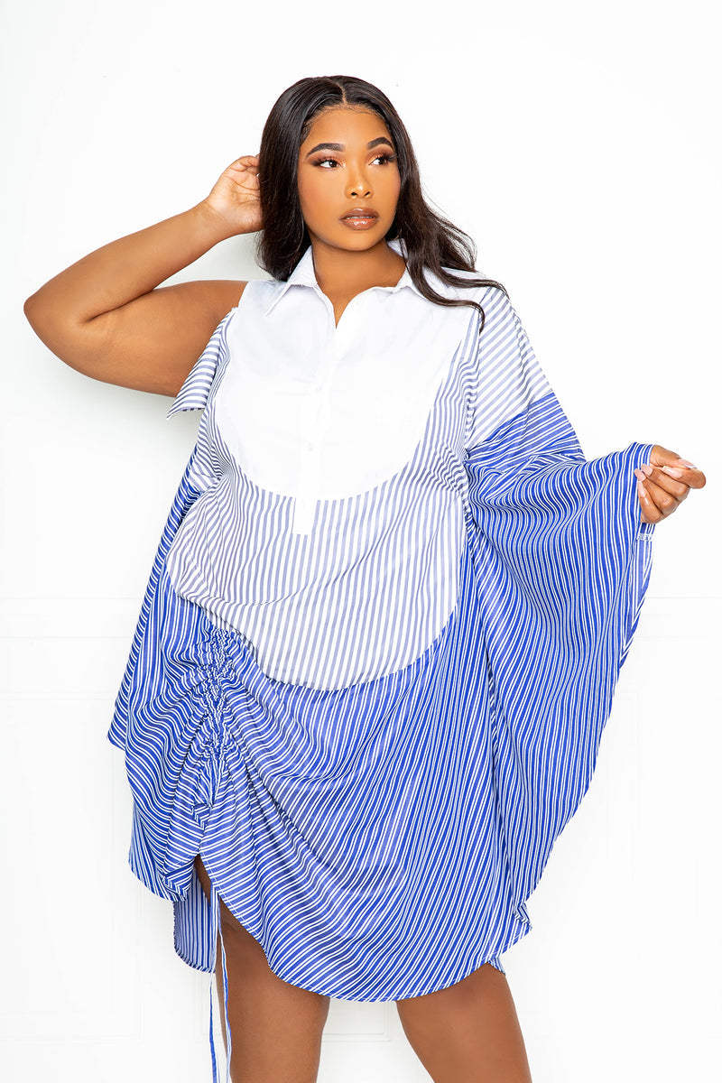 buxom couture curvy women plus size stripe cinching waist shirt dress blue