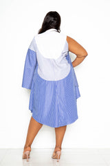 buxom couture curvy women plus size stripe cinching waist shirt dress blue