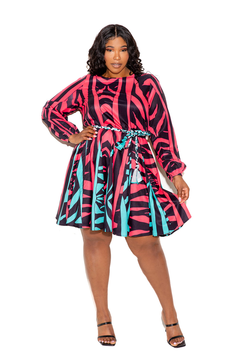 buxom couture curvy women plus size contrast print flare mini dress coral pink zebra blue