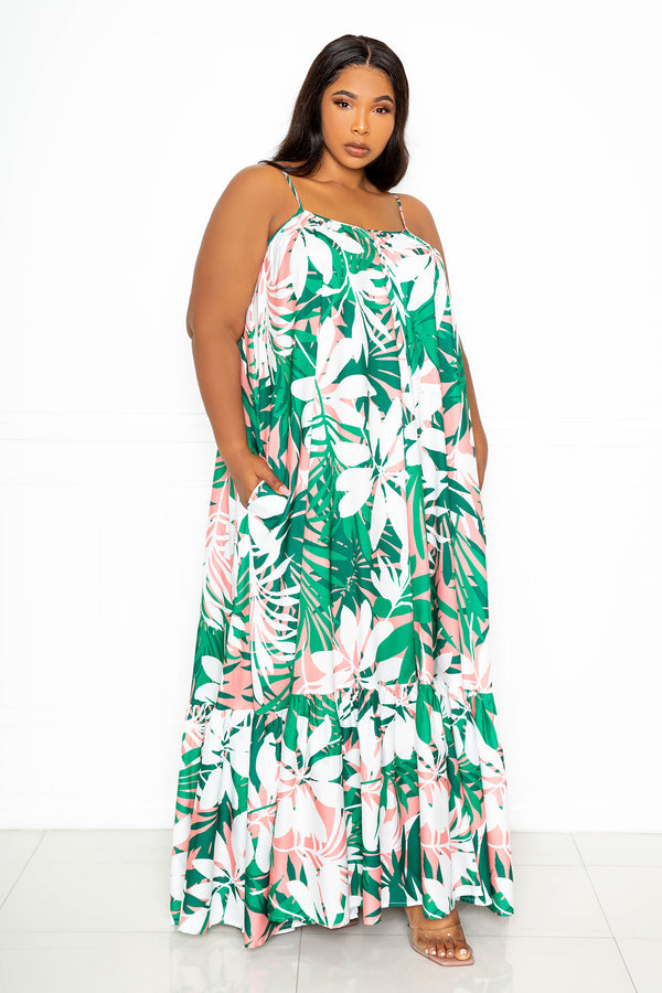 buxom couture curvy women plus size tropical voluminous maxi dress turquoise blue tropical print summer