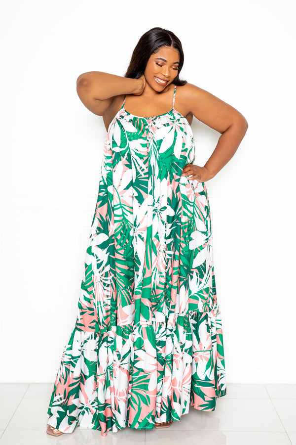 buxom couture curvy women plus size tropical voluminous maxi dress turquoise blue tropical print summer