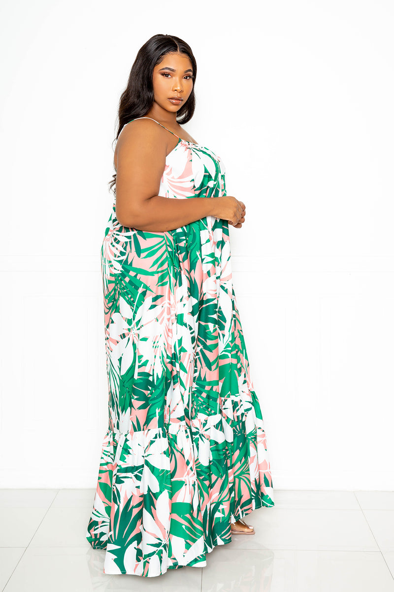 buxom couture curvy women plus size tropical voluminous maxi dress turquoise blue tropical print summer