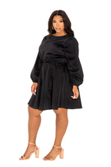 buxom couture curvy women plus size tie waist pleated mini dress black