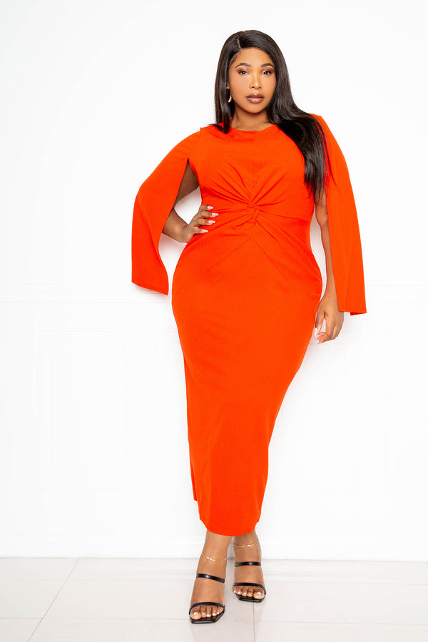 buxom couture curvy women plus size cape sleeve midi dress with knot detail red holiday