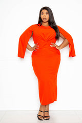 buxom couture curvy women plus size cape sleeve midi dress with knot detail red holiday