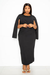 buxom couture curvy women plus size cape sleeve midi dress with knot detail black lbd holiday