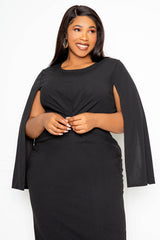 buxom couture curvy women plus size cape sleeve midi dress with knot detail black lbd holiday