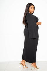 buxom couture curvy women plus size cape sleeve midi dress with knot detail black lbd holiday