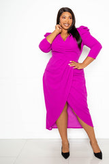 buxom couture curvy women plus size wrappe dress with shoulder accent magenta purple pink