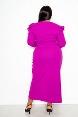 buxom couture curvy women plus size wrappe dress with shoulder accent magenta purple pink