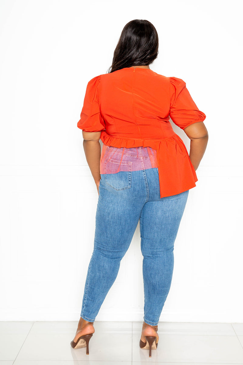 buxom couture curvy women plus size asymmetrical mesh peplum top orange rust