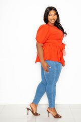 buxom couture curvy women plus size asymmetrical mesh peplum top orange rust