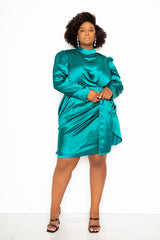 buxom couture curvy women plus size satin mock neck ruched mini dress teal green blue holiday