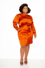 buxom couture curvy women plus size cape sleeve satin shirt dress orange rust holiday