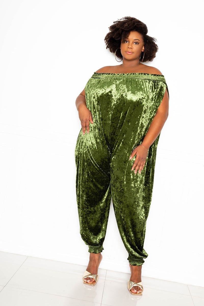 buxom couture curvy women plus size smocked velvet jumpsuit olive green holiday