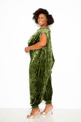 buxom couture curvy women plus size smocked velvet jumpsuit olive green holiday