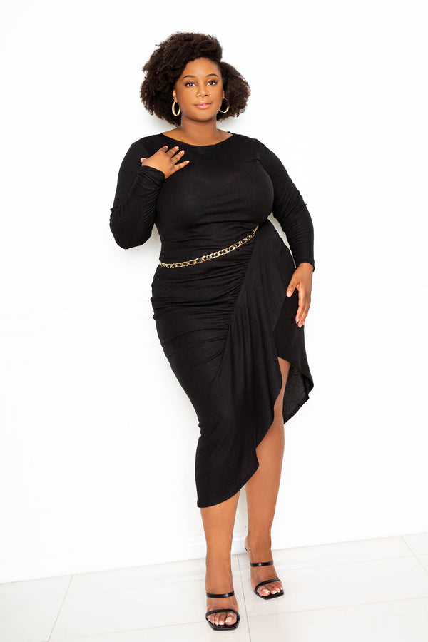 buxom couture curvy women plus size asymmetrical knit dress with cascade ruffle black