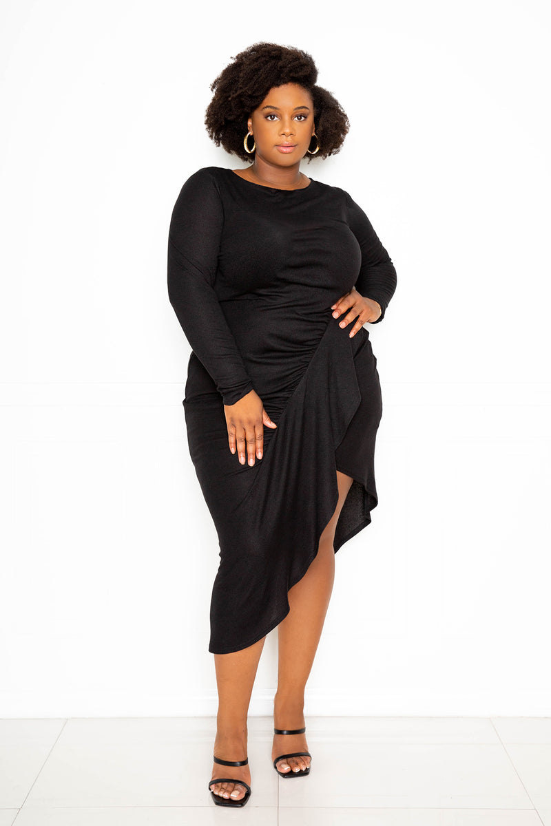 buxom couture curvy women plus size asymmetrical knit dress with cascade ruffle black