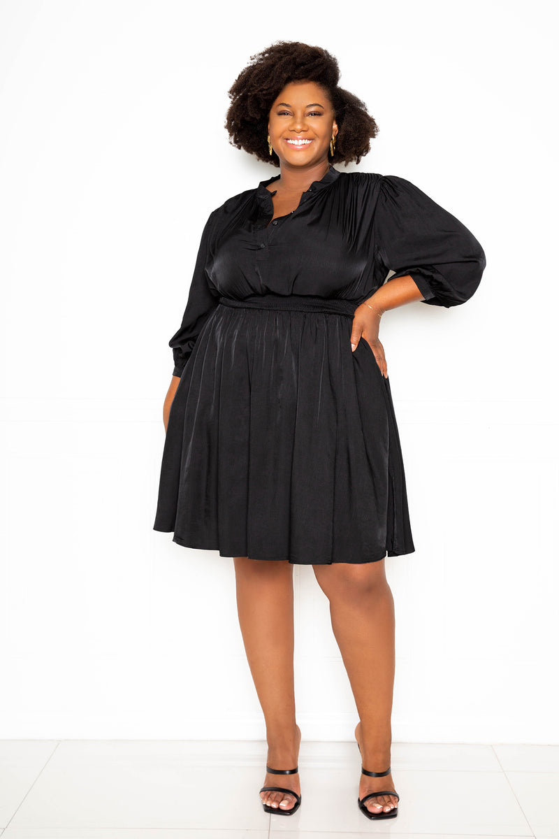 buxom couture curvy women plus size silk effect smocking mini shirt dress black
